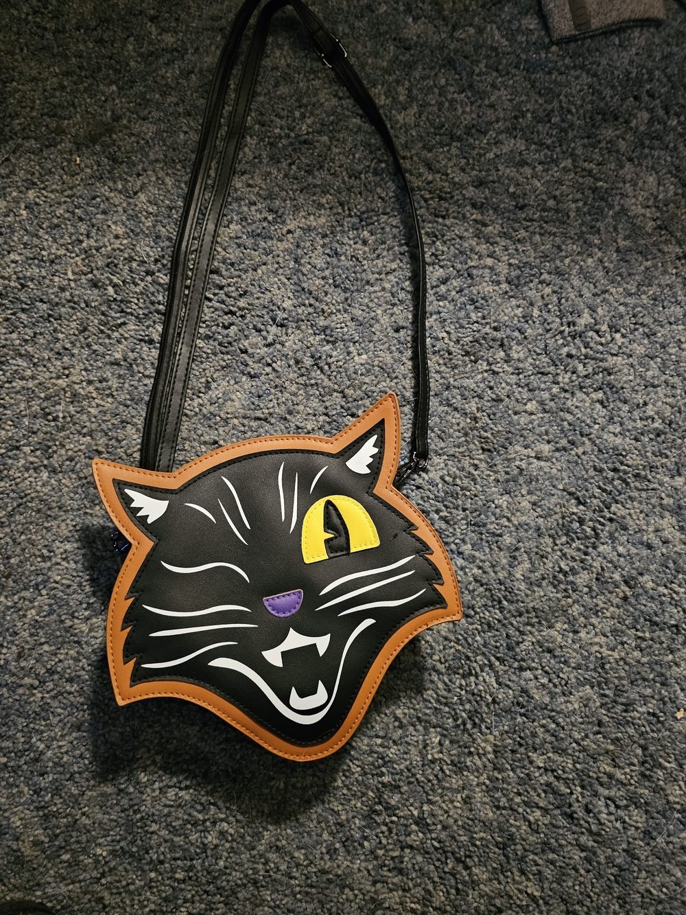 Rockabilly Black Cat Face Crossbody Bag with Orange Trim